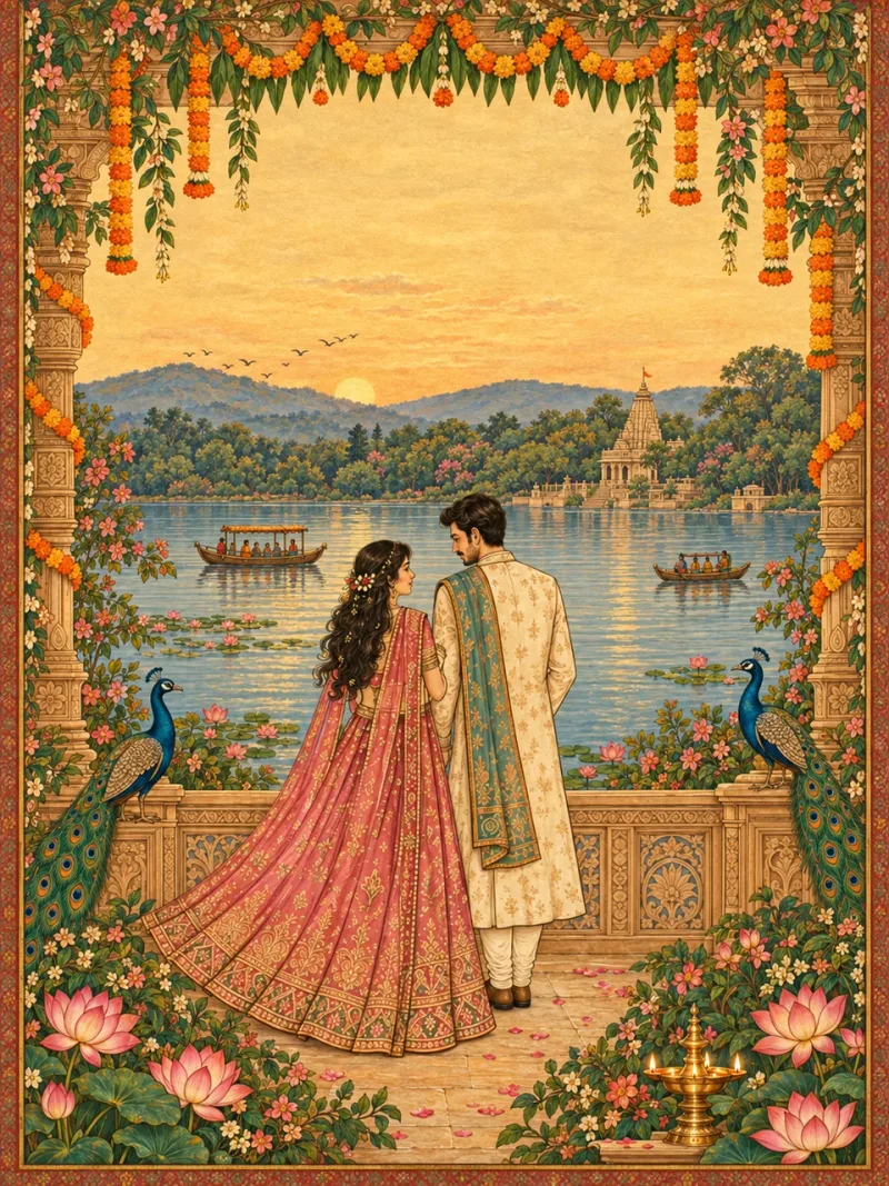 Illustrated Samridhi and Vikas by a peaceful lake, framed by marigolds and lotus flowers