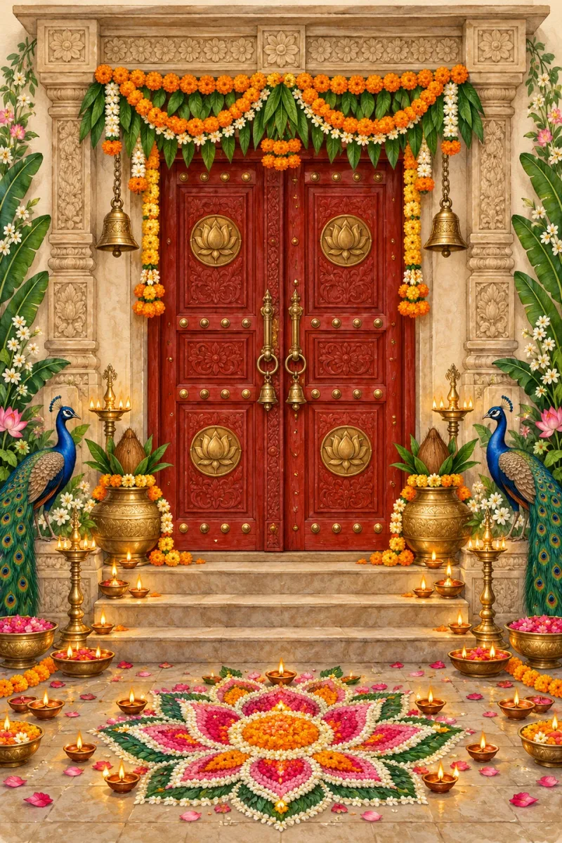 Wedding welcome doors decorated with a mango-leaf toran, marigolds and diyas