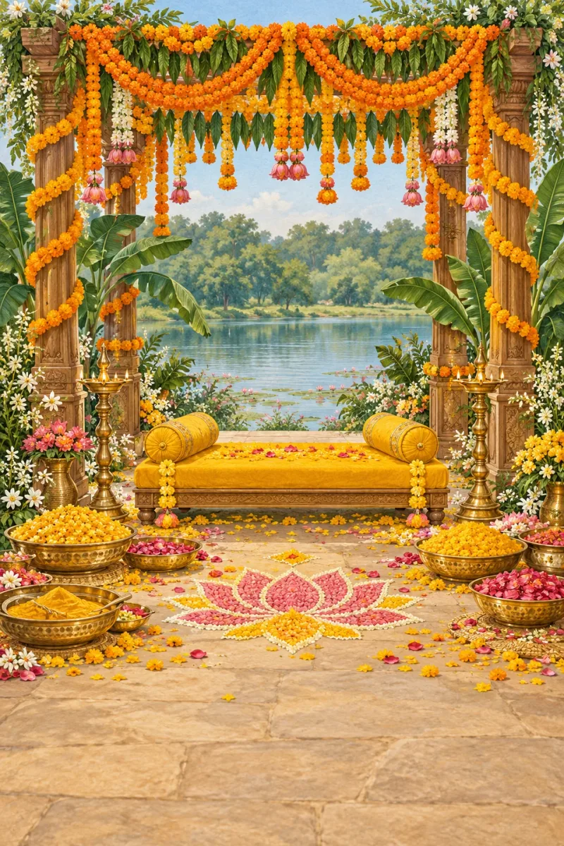 Haldi setting with marigolds and turmeric