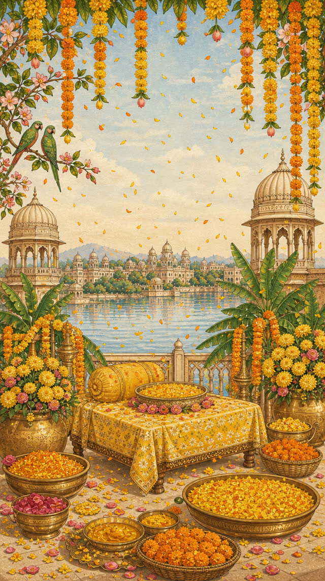 Haldi setting with marigolds and turmeric