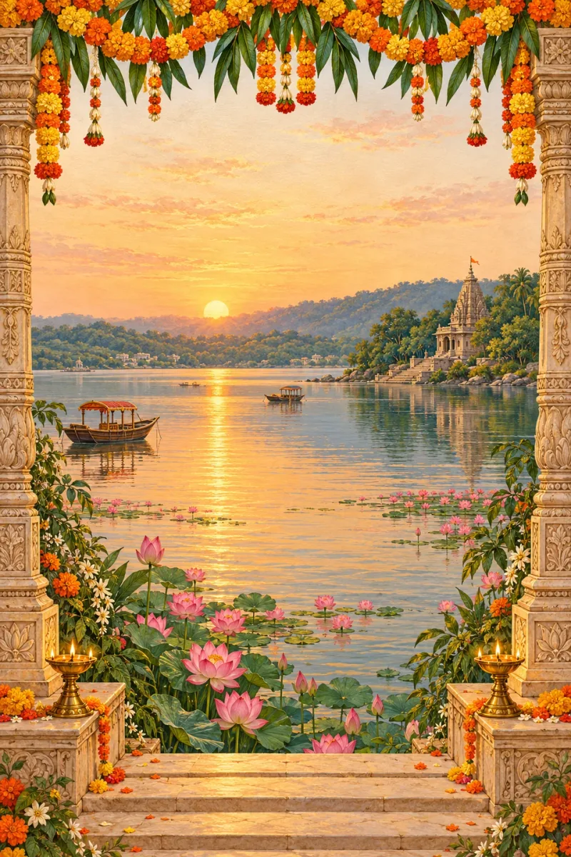 Hand-painted lakeside welcome with marigold torans, lotus flowers and diyas