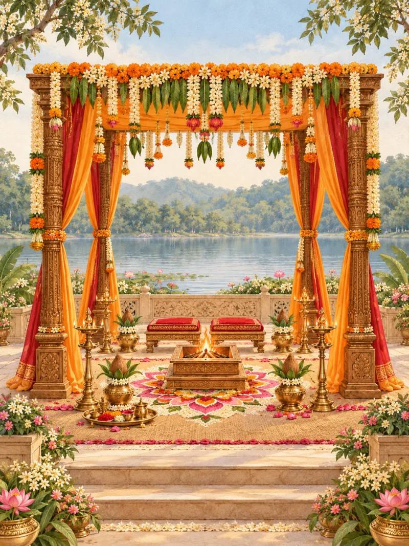 Four-pillar Hindu wedding mandap with marigolds, kalash and a sacred havan fire