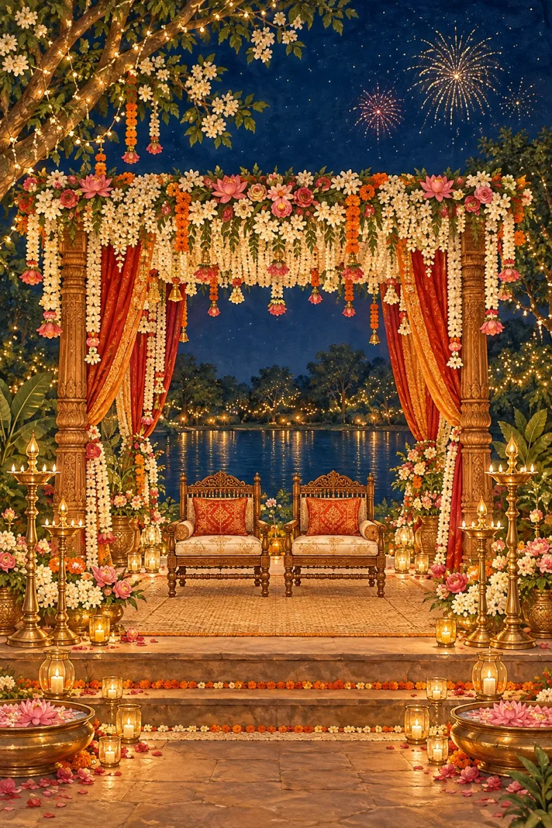 Floral reception canopy with wedding chairs, brass diyas and fireworks
